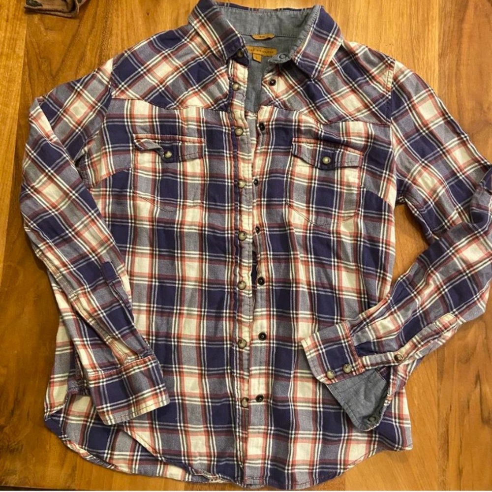 Women’s Plaid Button-Up Shirt - Blue & Rust & Cream